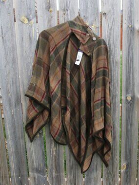 CHAPS Plaid Wool Blend Poncho Cape Coat Plaid Button Collar Women's Medium